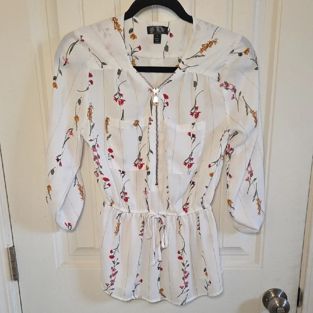 White Floral Gold Stripe Zipper Blouse With Pockets - Picture 3 of 7